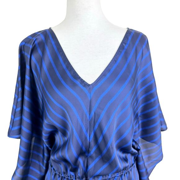 Lauren Ralph Lauren S/M Blue Stripe Kimono Sleeve Drawstring Satin Tunic Blouse - Picture 3 of 9